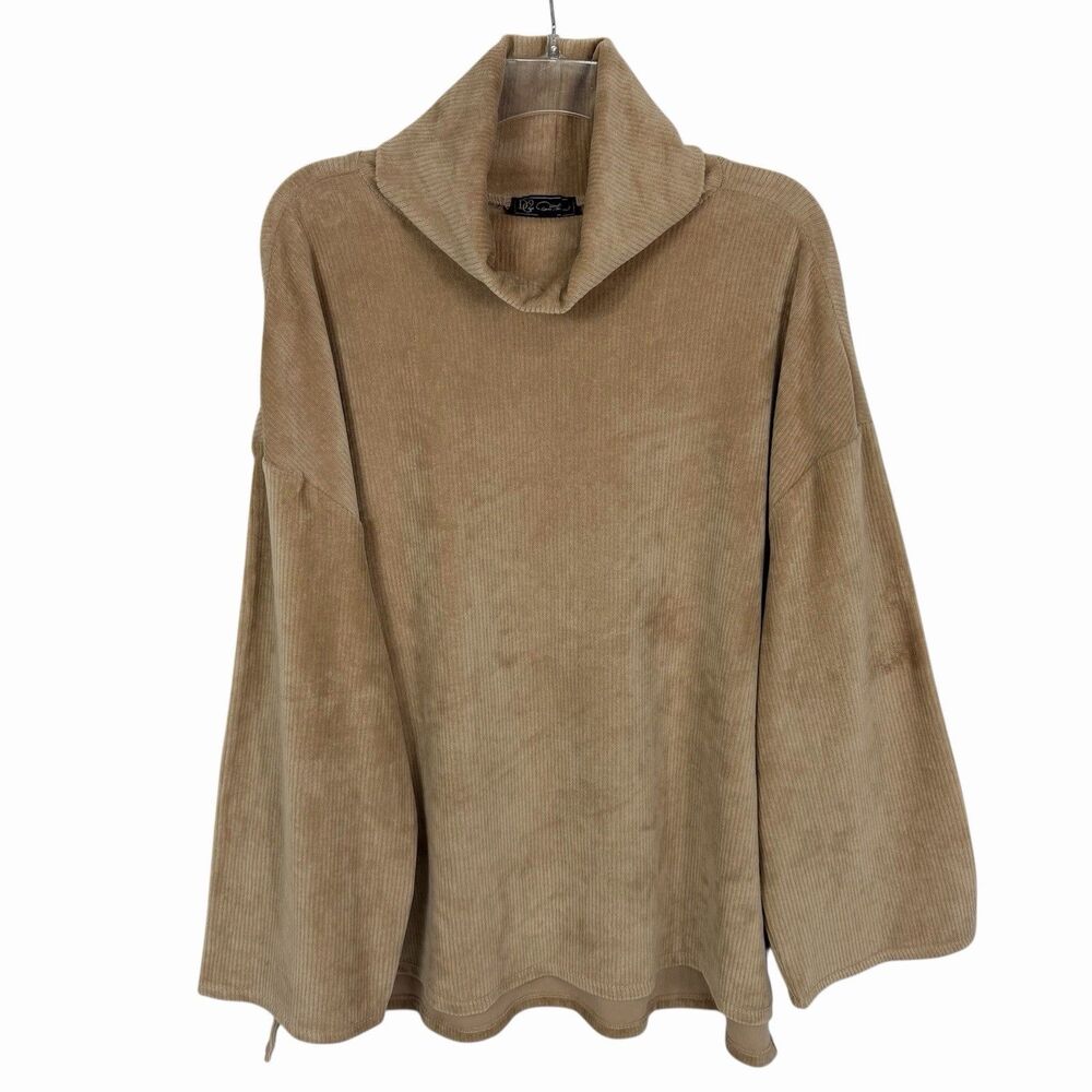 NEW DG2 Diane Gilman Ribbed Cowl Neck Beige Long Sleeve Lounge Top Cozy Large